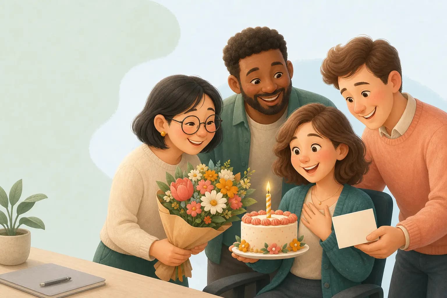Coworkers gathering around a teammate for an office celebration