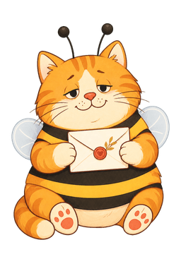 The Warmly cat in a bee costume holding an envelope